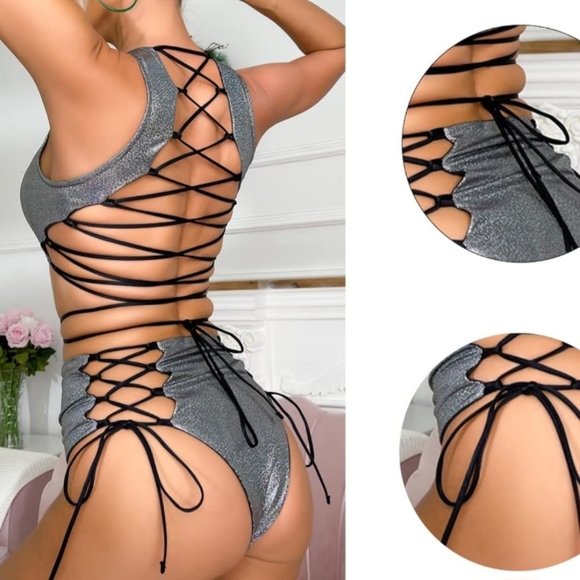 Women's Mini Metallic Hologram Two Piece Party Clubwear Beach Wear - Picture 16 of 16